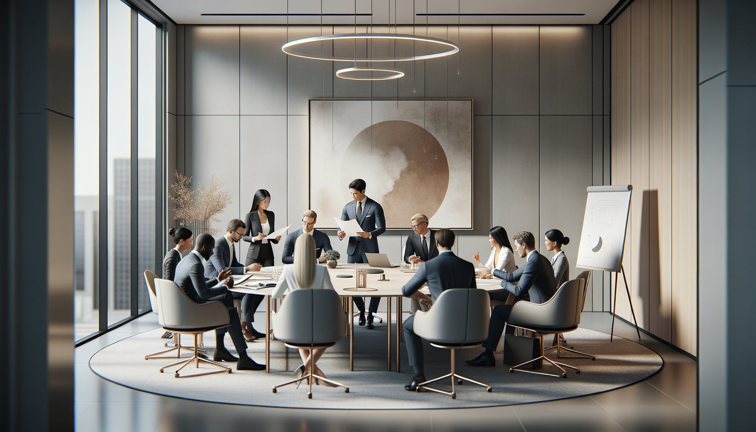 Salle de réunion moderne avec tableau abstrait neutre influençant subtilement la dynamique décisionnelle collective