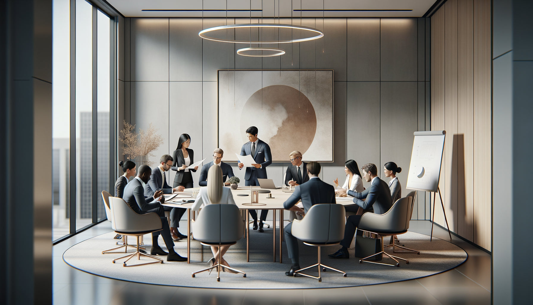 Salle de réunion moderne avec tableau abstrait neutre influençant subtilement la dynamique décisionnelle collective