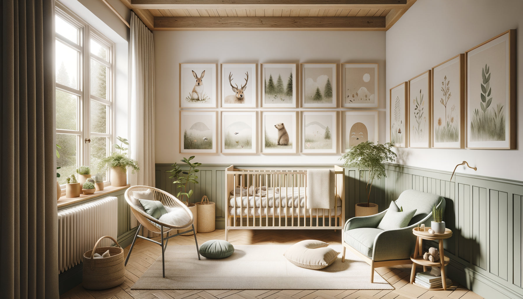 Chambre de bébé moderne et apaisante avec tableaux de qualité aux tons doux et motifs éducatifs