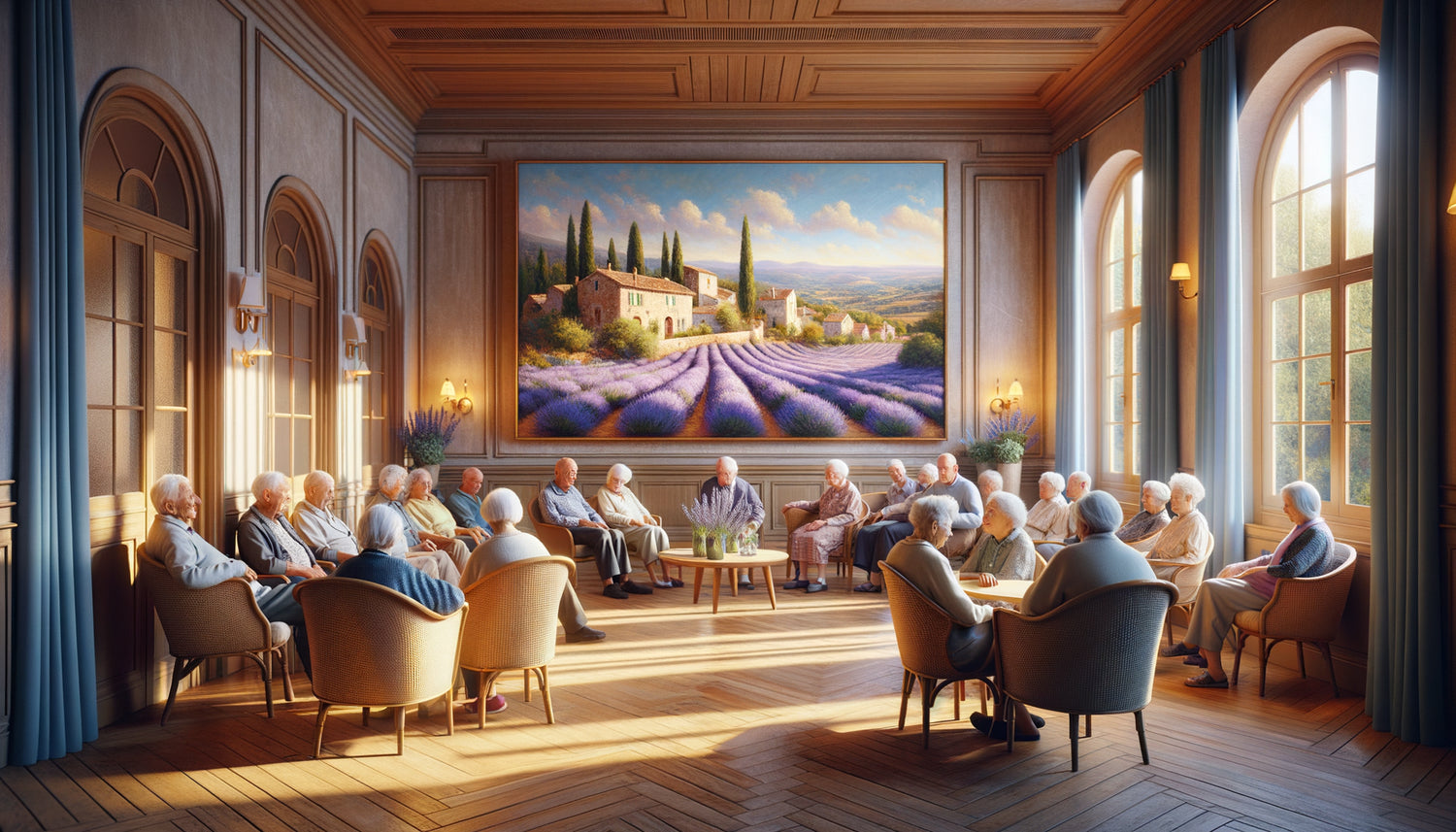 Résidents d'EHPAD admirant un tableau régional représentant un paysage provençal traditionnel dans un salon chaleureux