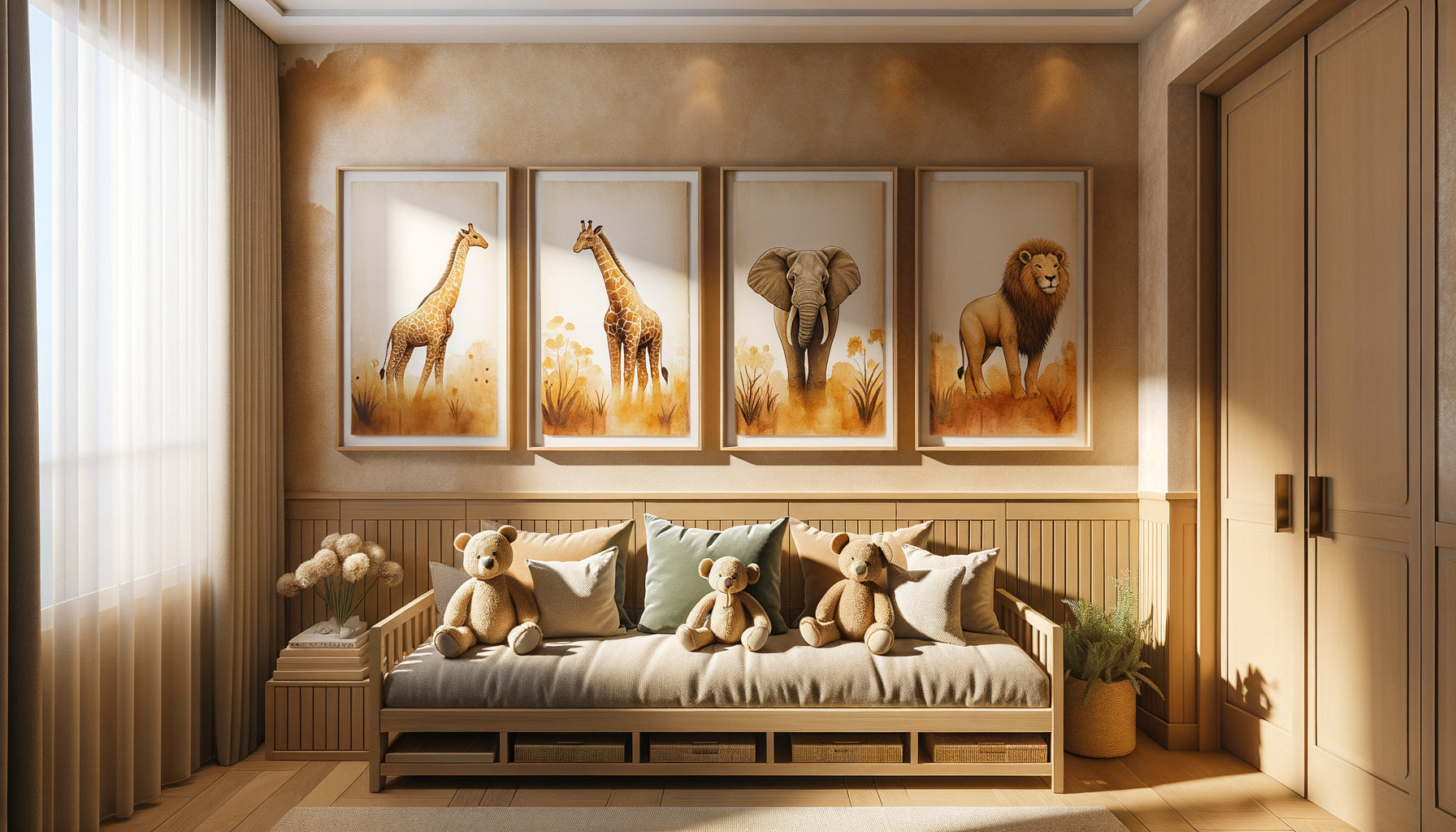Chambre d'enfant thème safari avec tableaux harmonisés représentant animaux de la savane en tons ocre et beige