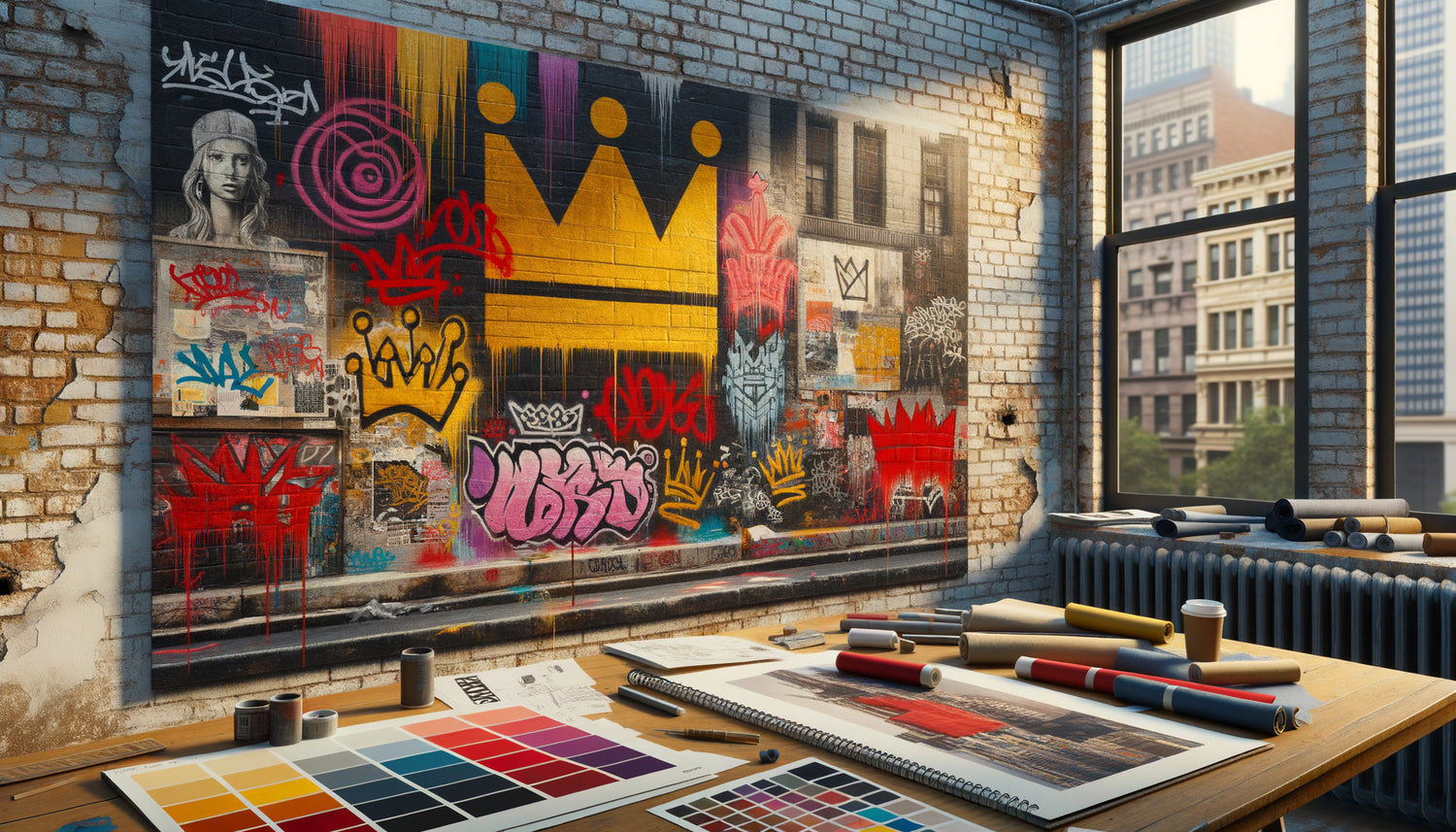 Peinture murale urbaine style Basquiat années 80, graffiti néo-expressionniste avec croquis de mode streetwear au premier plan