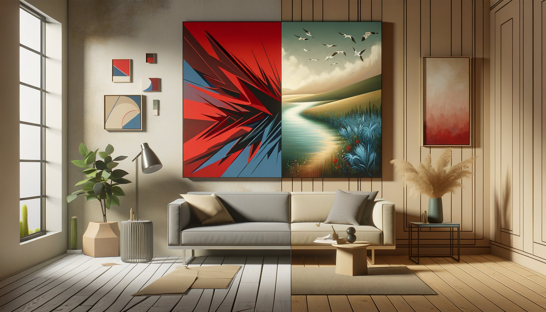 Comparaison visuelle entre tableau stimulant aux formes chaotiques et couleurs vives versus tableau apaisant aux teintes douces et formes organiques