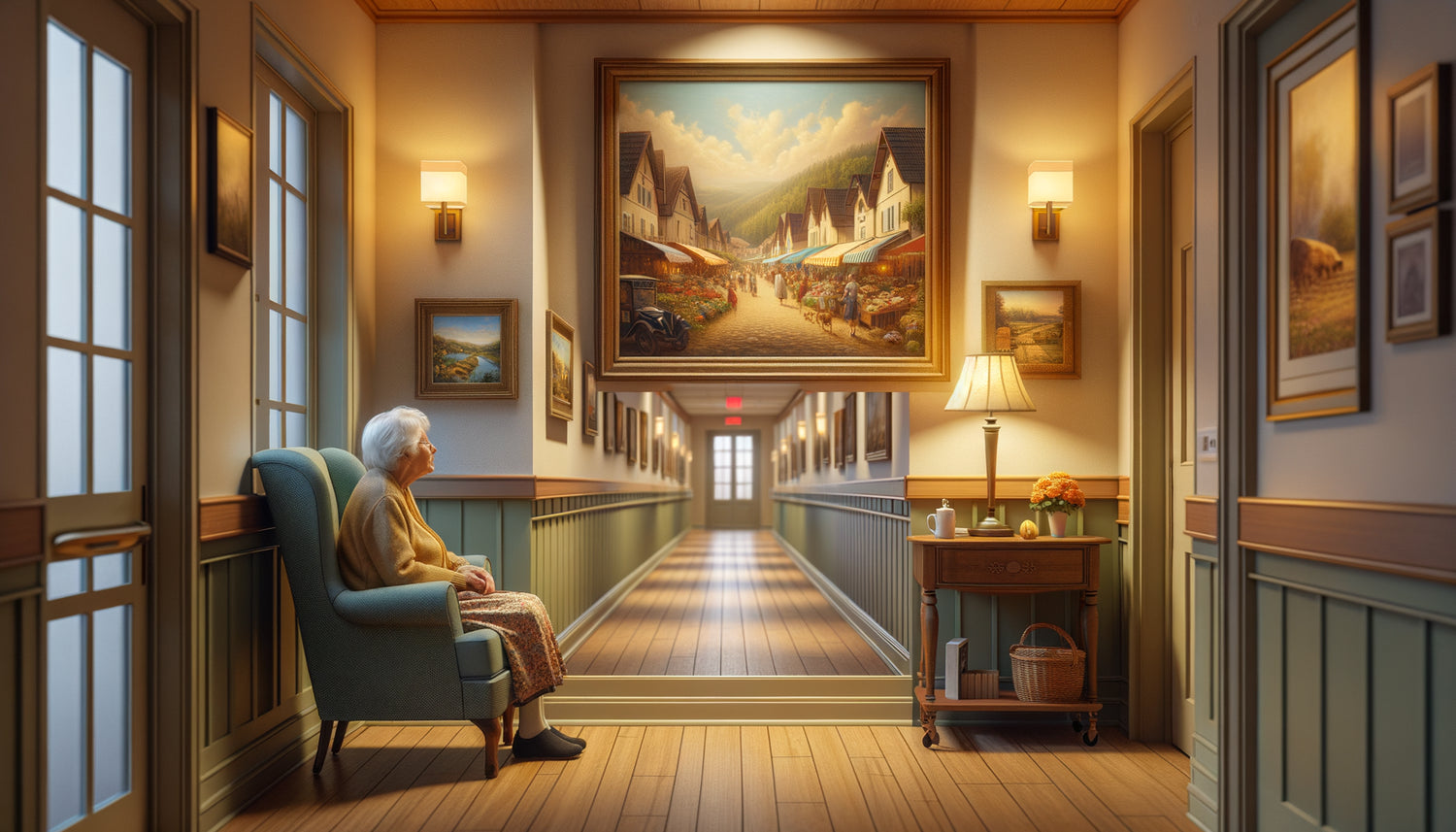 Résidente senior contemplant un tableau nostalgique dans un environnement thérapeutique d'EHPAD avec art mural stimulant la mémoire