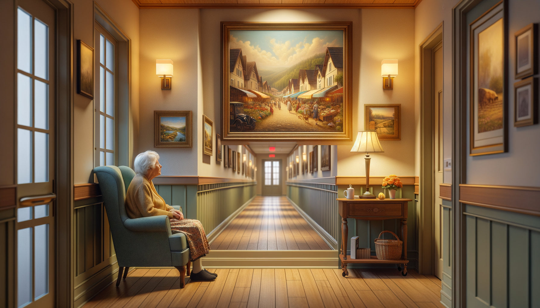 Résidente senior contemplant un tableau nostalgique dans un environnement thérapeutique d'EHPAD avec art mural stimulant la mémoire