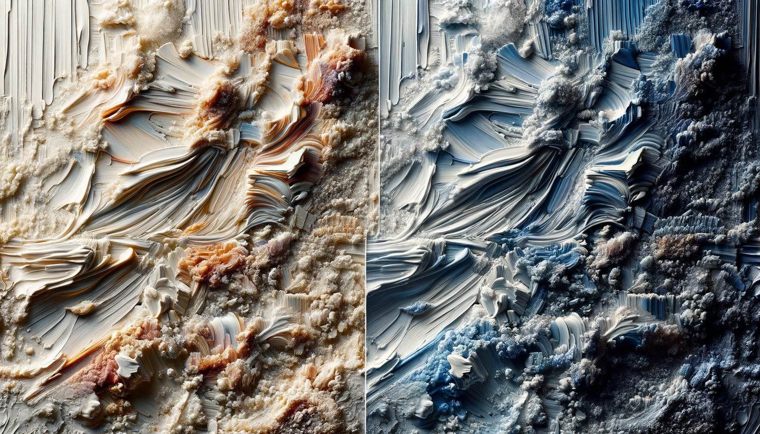Comparaison photographique macro de surfaces de tableaux : texture impasto rugueuse versus toile lisse pour analyse bactériologique