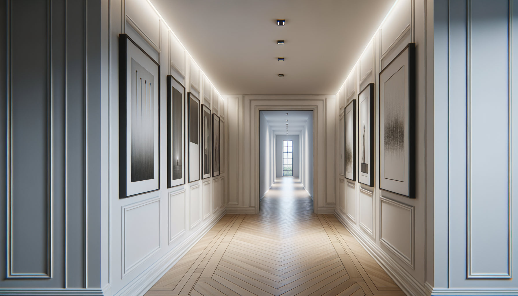 Couloir résidentiel contemporain avec tableaux verticaux et horizontaux sur murs blancs, éclairage galerie, perspective architecturale