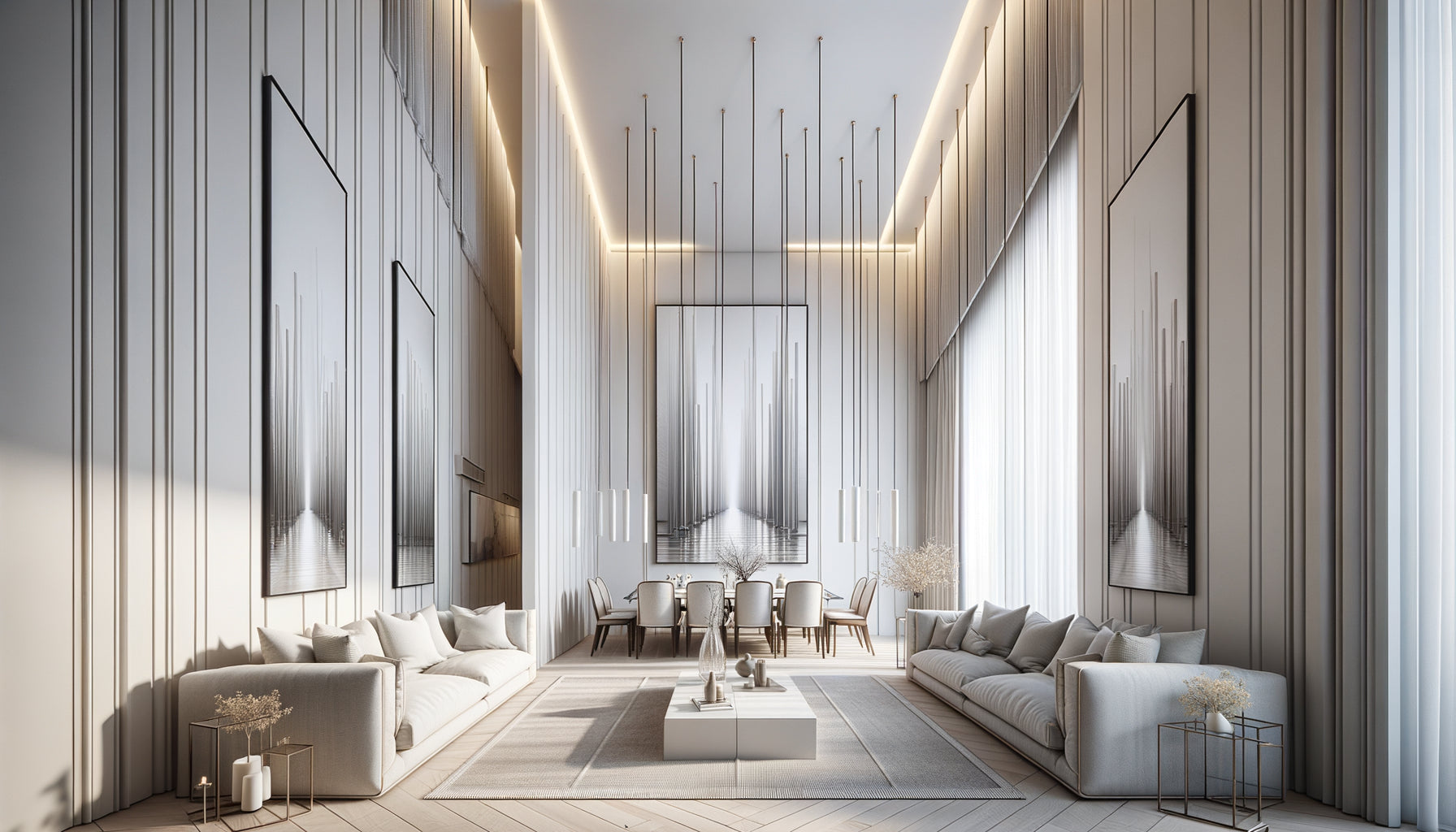 Salon moderne avec plafond bas décoré de tableaux verticaux accrochés haut créant une illusion de hauteur