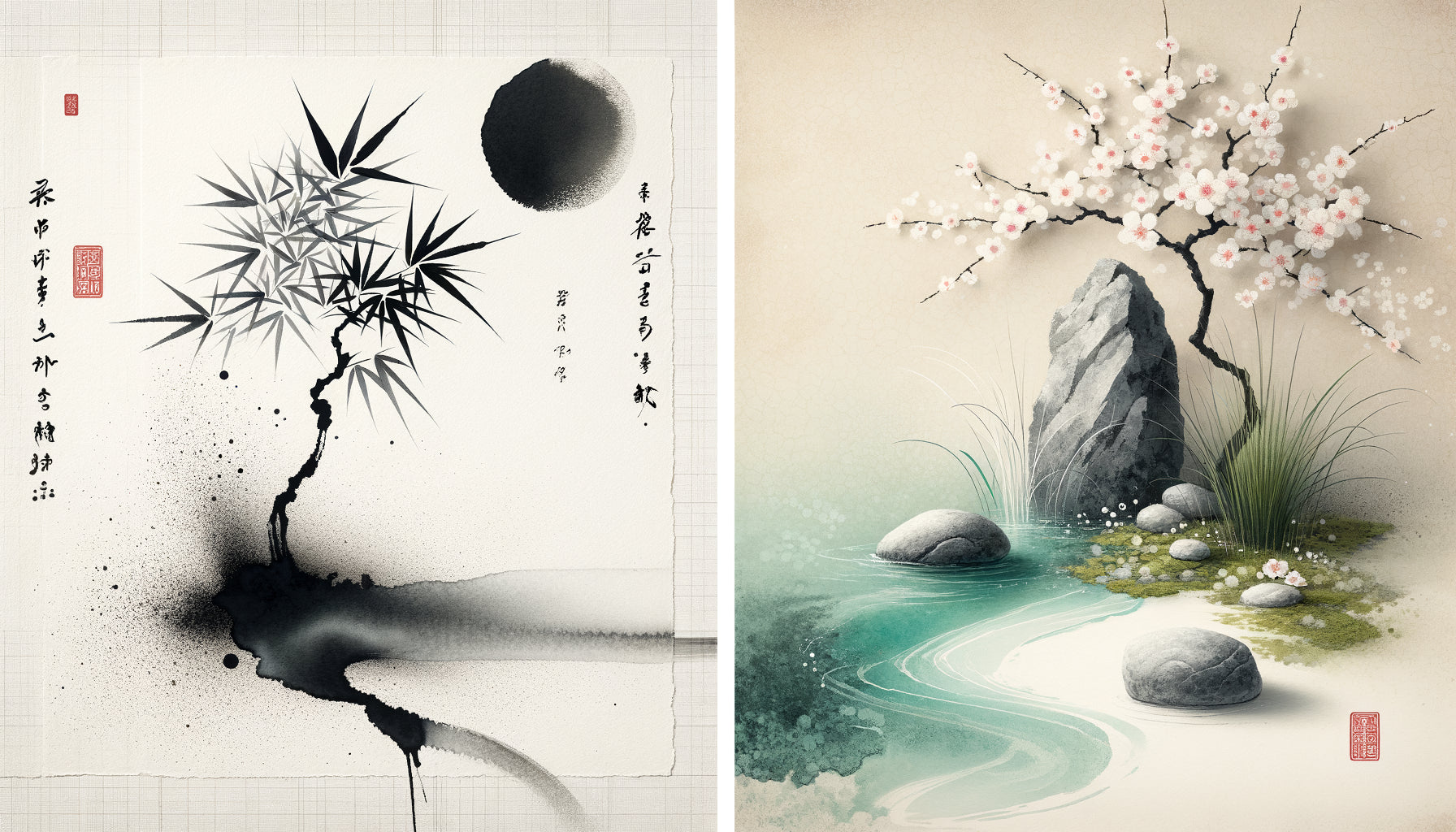 Comparaison visuelle de deux tableaux zen minimalistes : monochrome noir et blanc versus couleurs douces, même épure