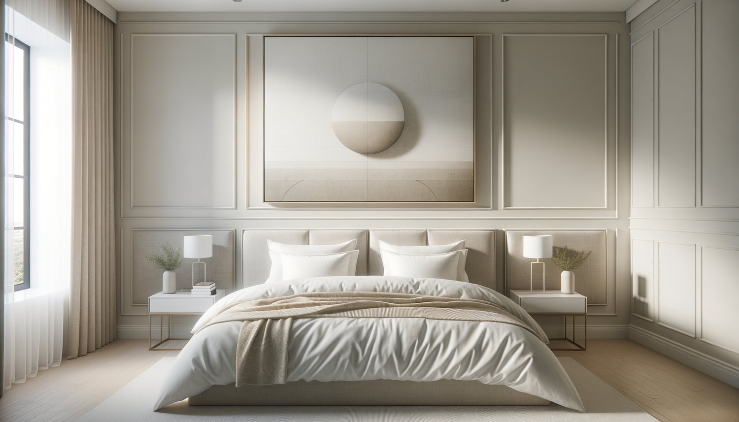 Chambre moderne avec tableau correctement proportionné au-dessus de la tête de lit selon la règle des deux tiers