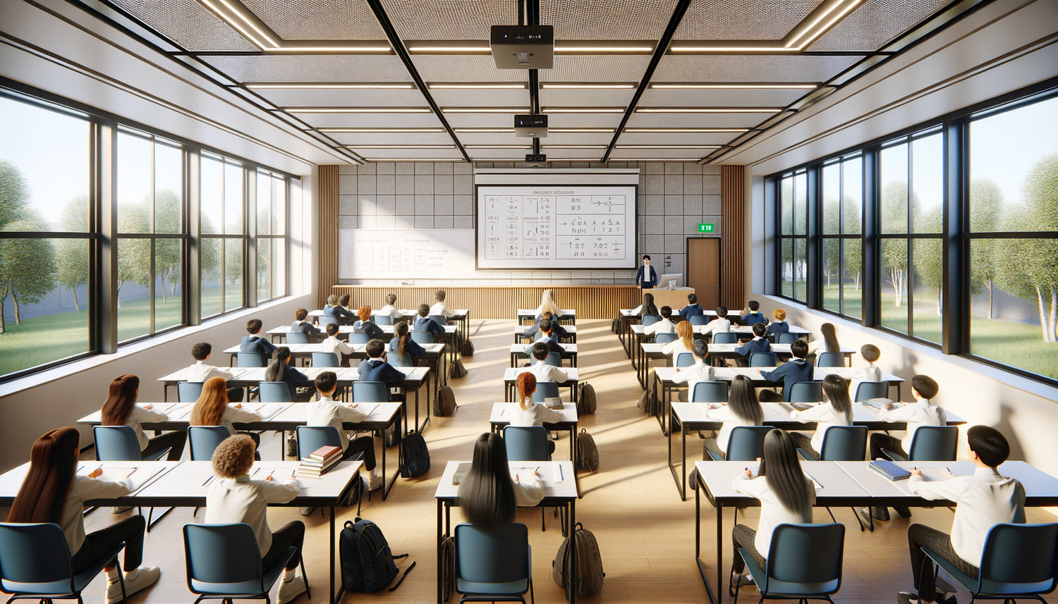 Salle de classe moderne avec grand tableau blanc et 30 élèves démontrant la visibilité optimale
