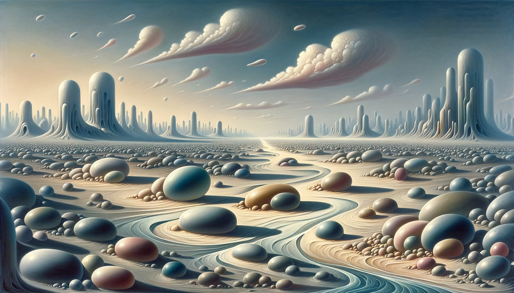 Paysage surréaliste dans le style d'Yves Tanguy avec formes biomorphiques extraterrestres sur horizon infini, palette gris-bleu