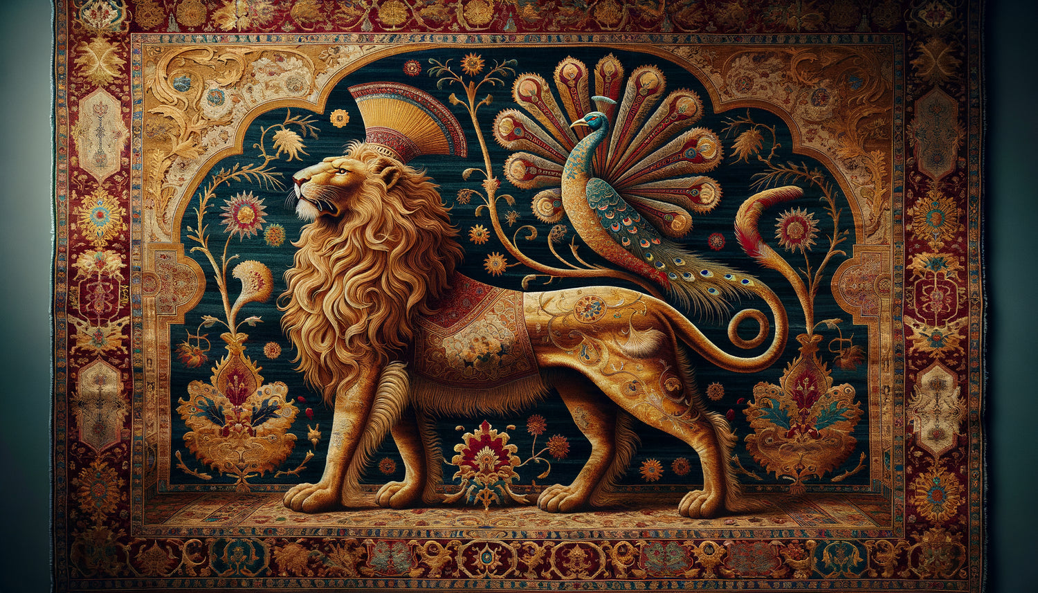 Détail d'un tapis de soie ottoman ancien avec lion impérial et paon tissés, symboles de pouvoir et statut social