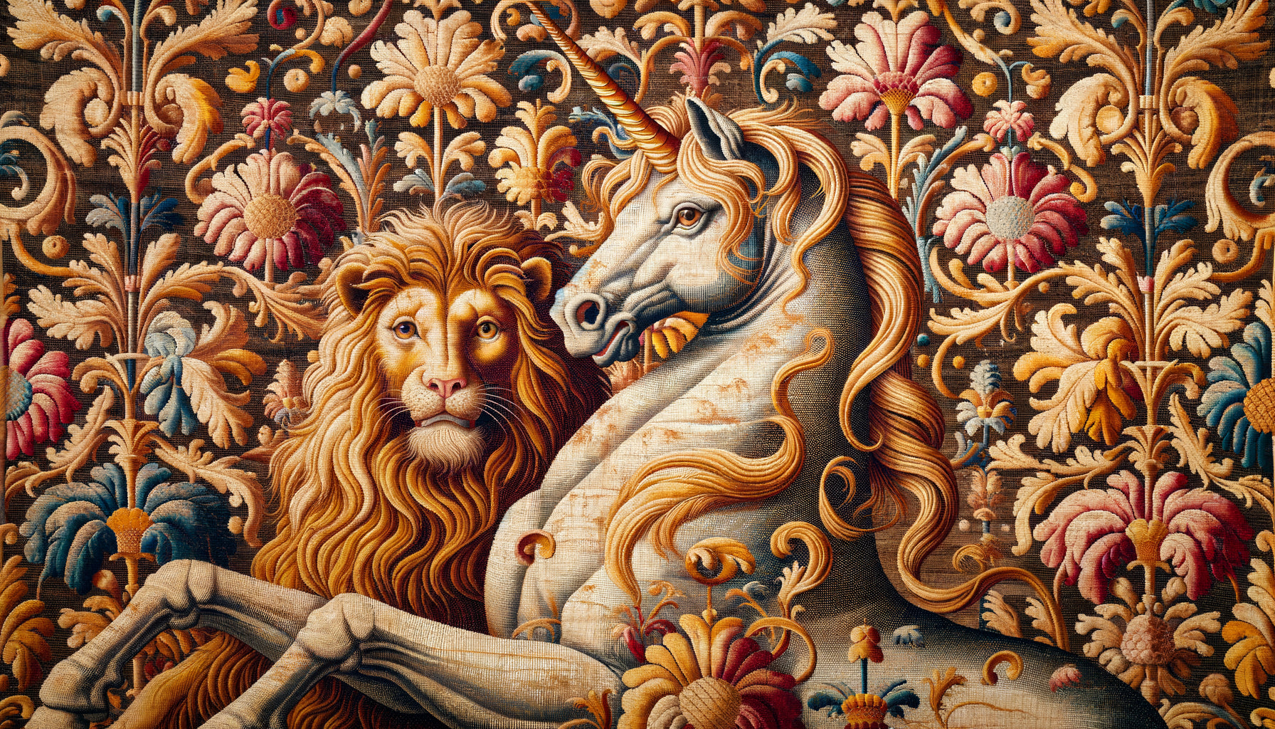 Détail de tapisserie médiévale du 14e siècle montrant lion et licorne avec pigments naturels vieillis différemment