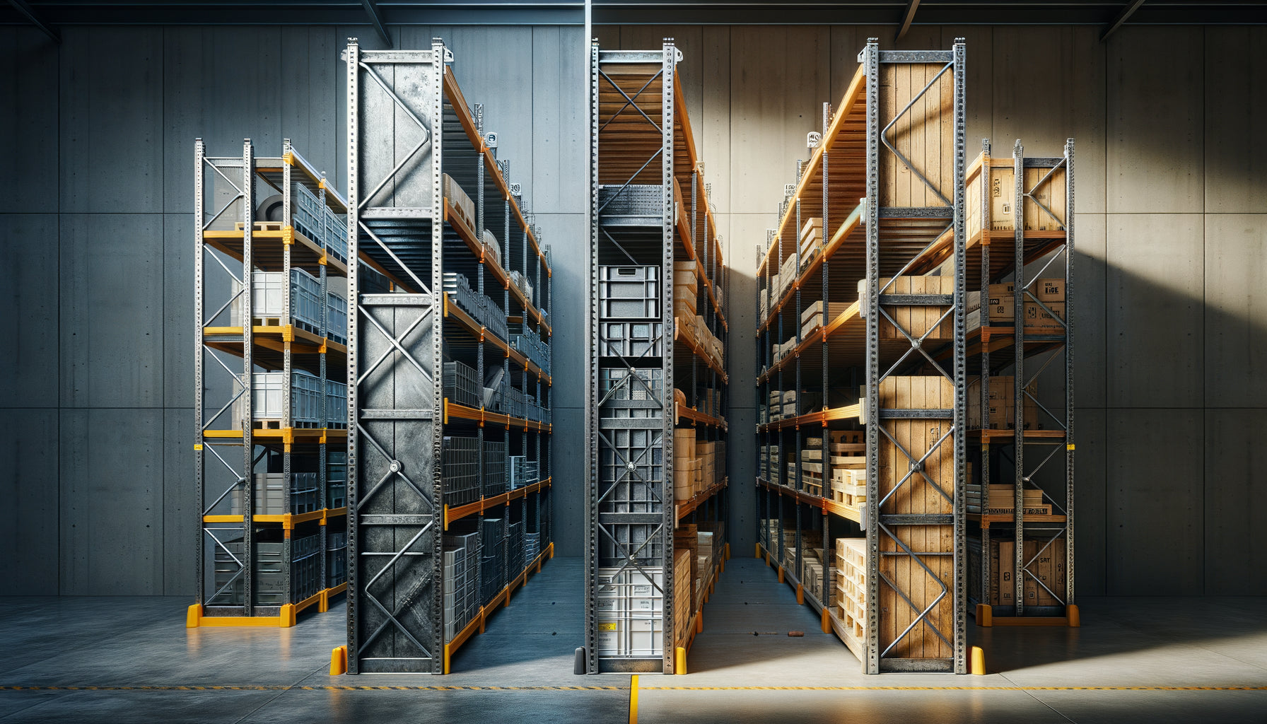 Comparaison photographique professionnelle entre supports métalliques galvanisés et tasseaux en bois sous charge intensive en entrepôt