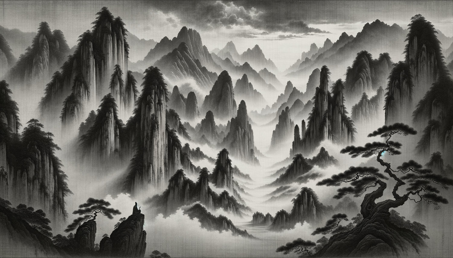 Peinture monochrome dynastie Song montrant montagnes émergeant de brumes créées par lavis d'encre superposés