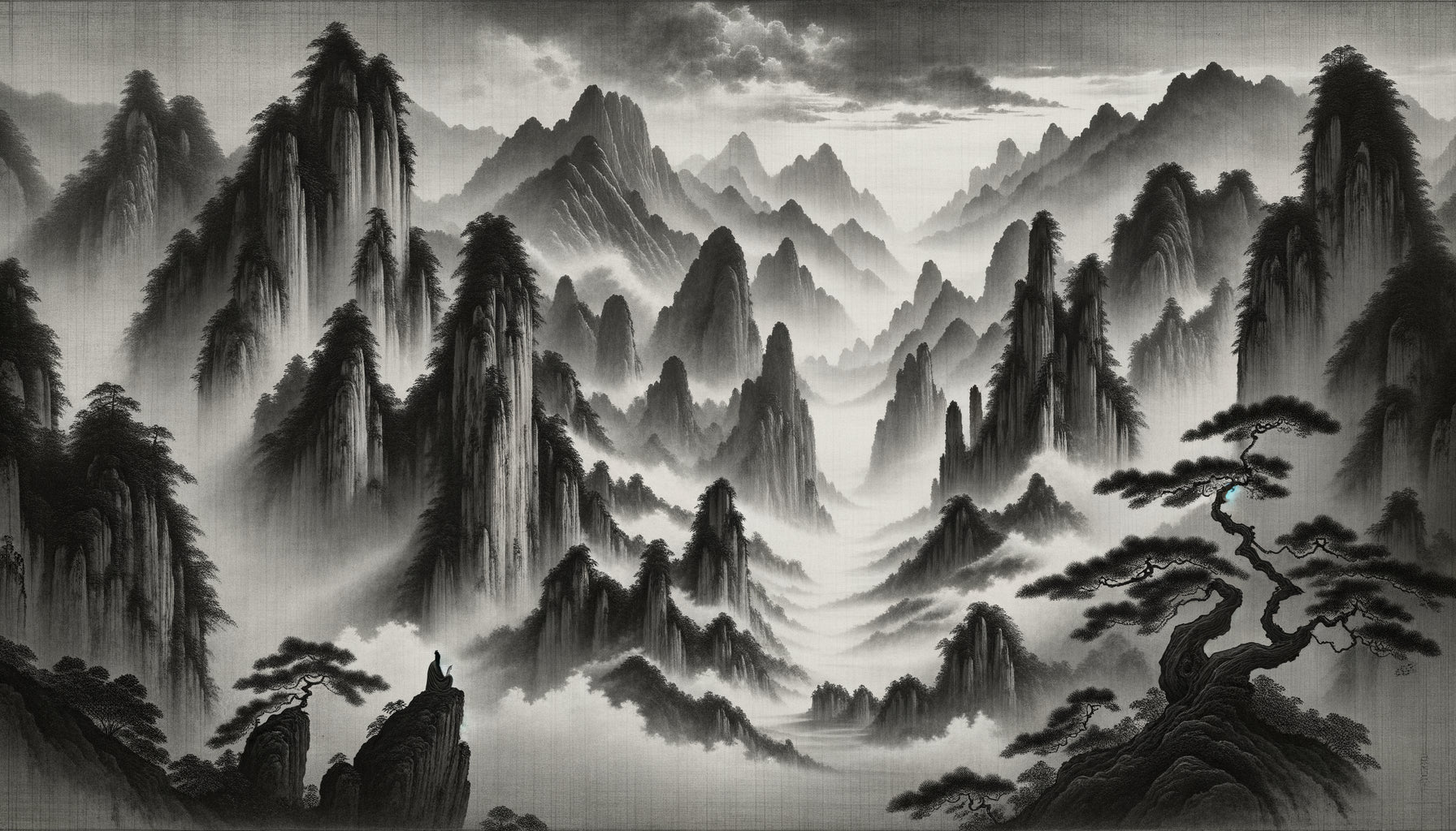 Peinture monochrome dynastie Song montrant montagnes émergeant de brumes créées par lavis d'encre superposés