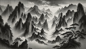 Peinture monochrome dynastie Song montrant montagnes émergeant de brumes créées par lavis d'encre superposés