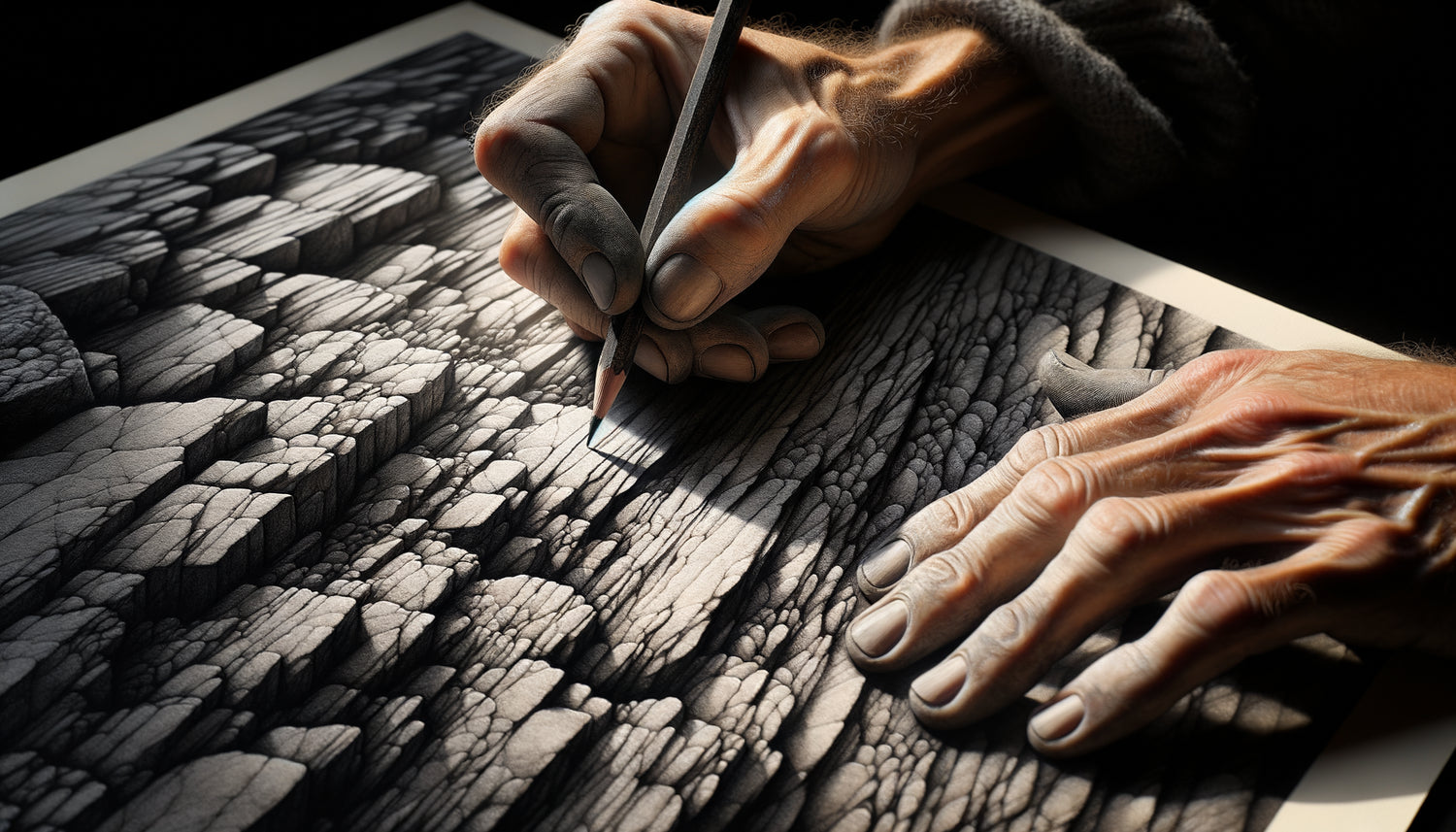 Démonstration des techniques de frottage et grattage pour capturer la texture réaliste des rochers sur papier