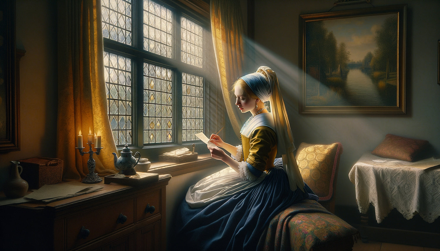 Reconstitution d'une scène intérieure du 17ème siècle dans le style de Vermeer montrant sa technique de capture de la lumière naturelle