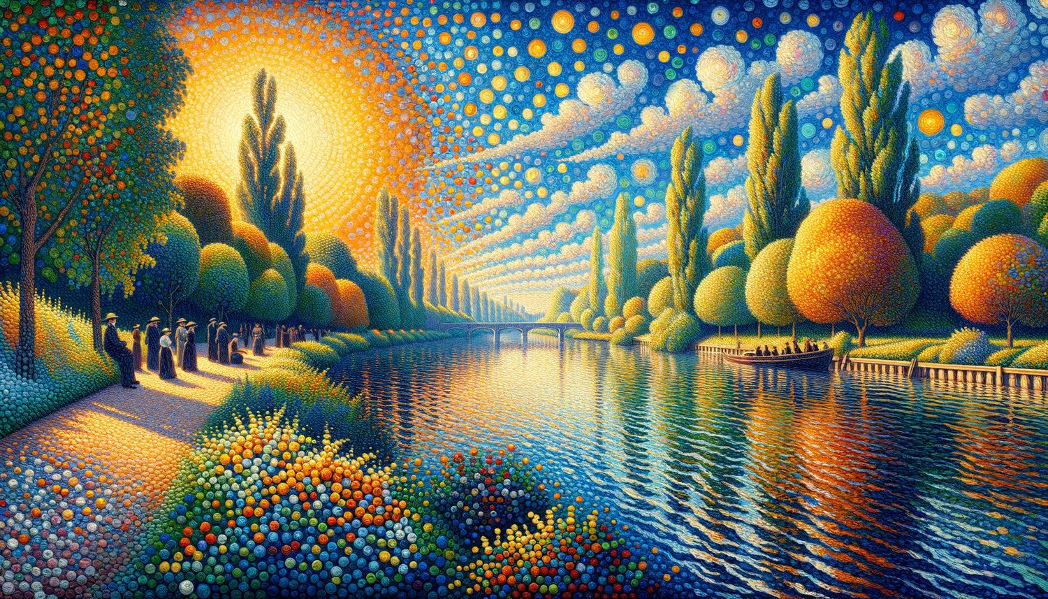 Gros plan sur la technique pointilliste de Seurat montrant des milliers de points colorés juxtaposés créant un paysage lumineux