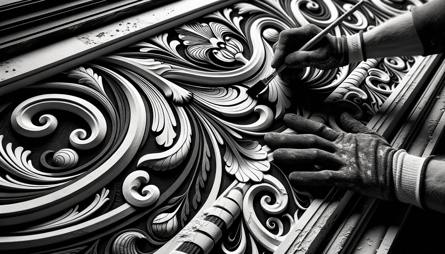 Frise décorative Art Nouveau monochrome en sgraffite, motifs organiques noir et blanc, technique artisanale 1900