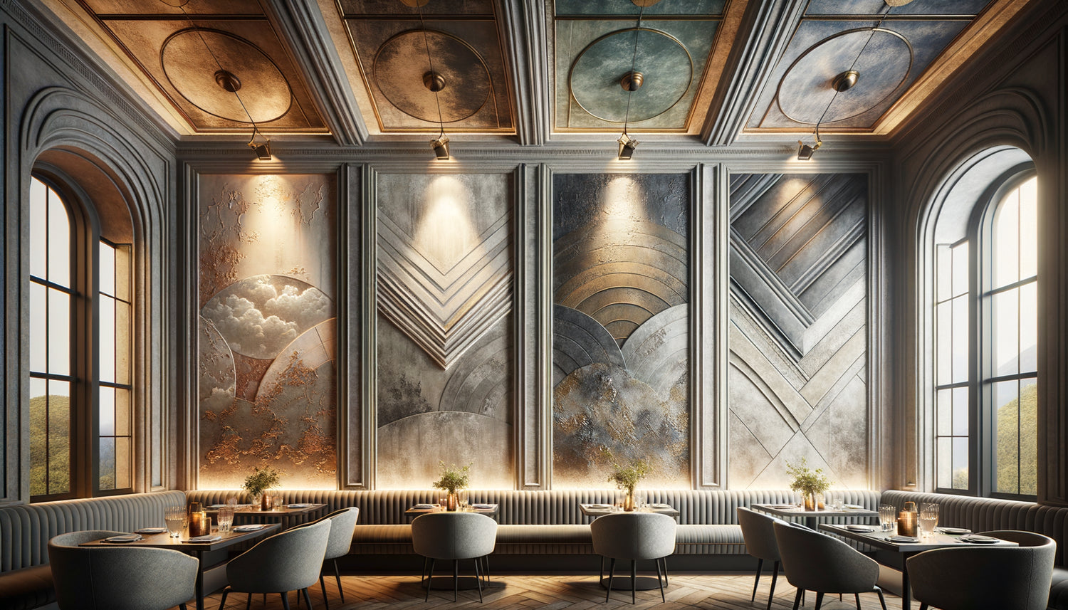 Gros plan de mur de restaurant montrant trois techniques de peinture texturée : stucco vénitien, enduit à la chaux structuré et béton ciré