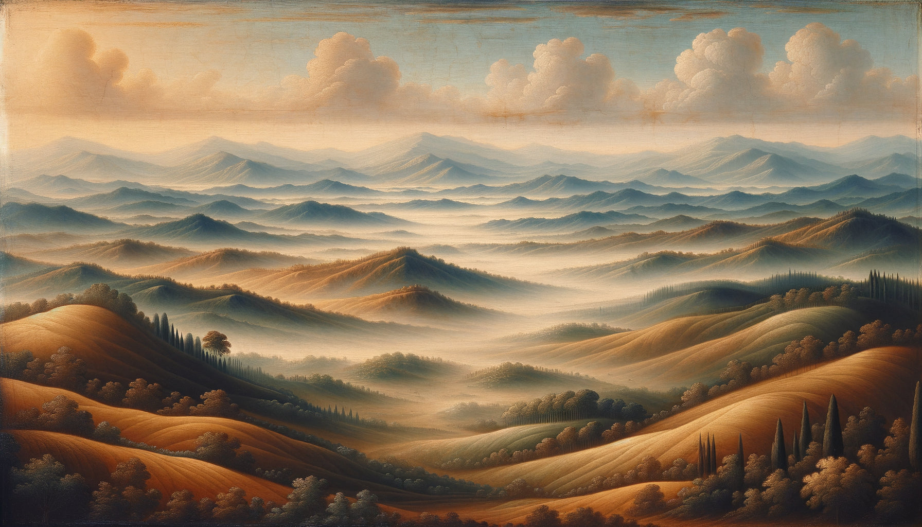 Détail de peinture tempera siennoise du XIVe siècle montrant la technique a velature avec glacis translucides superposés créant transitions atmosphériques subtiles