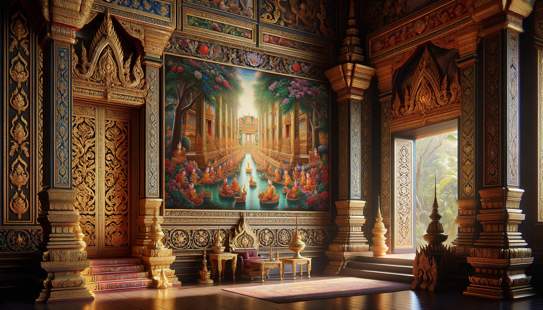 Détail architectural intérieur temple thaïlandais montrant alternance registre polychrome narratif coloré et registre monochrome noir-or contemplatif