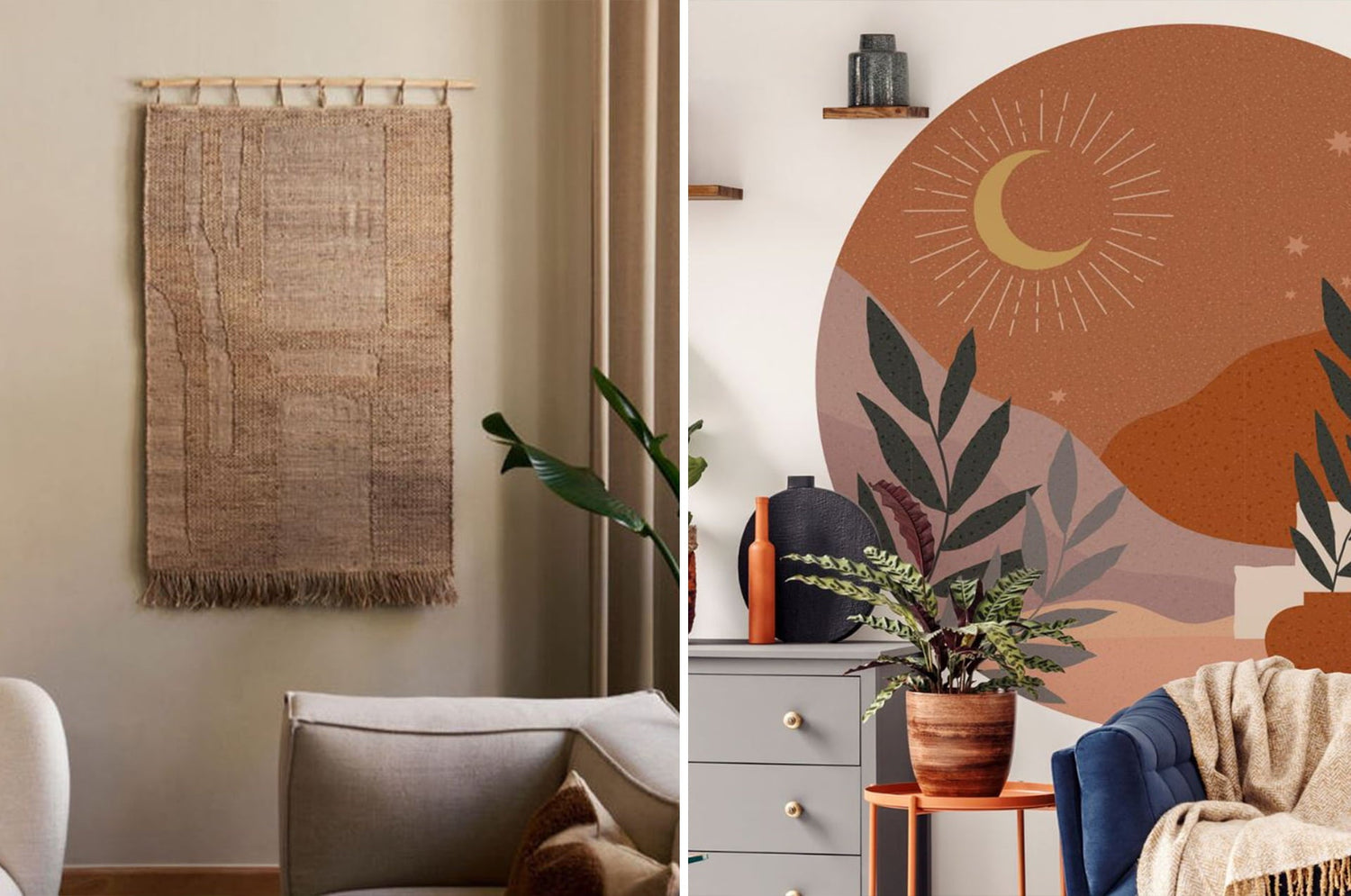 Tapis tissé en jute accroché au mur et murale décorative avec plantes et motif lunaire