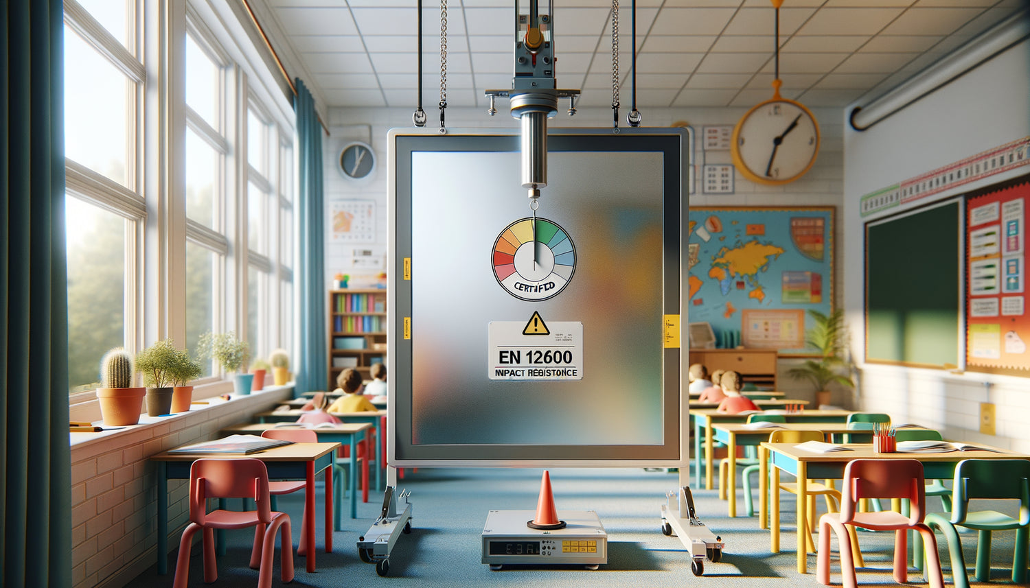 Test de résistance aux chocs d'un tableau scolaire selon la norme EN 12600 dans une classe moderne