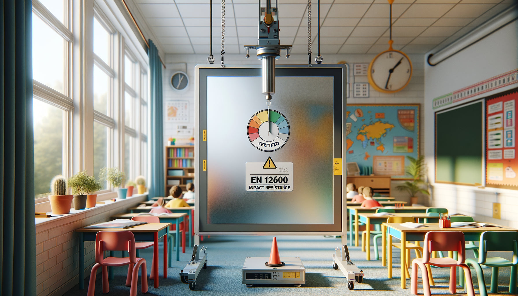 Test de résistance aux chocs d'un tableau scolaire selon la norme EN 12600 dans une classe moderne
