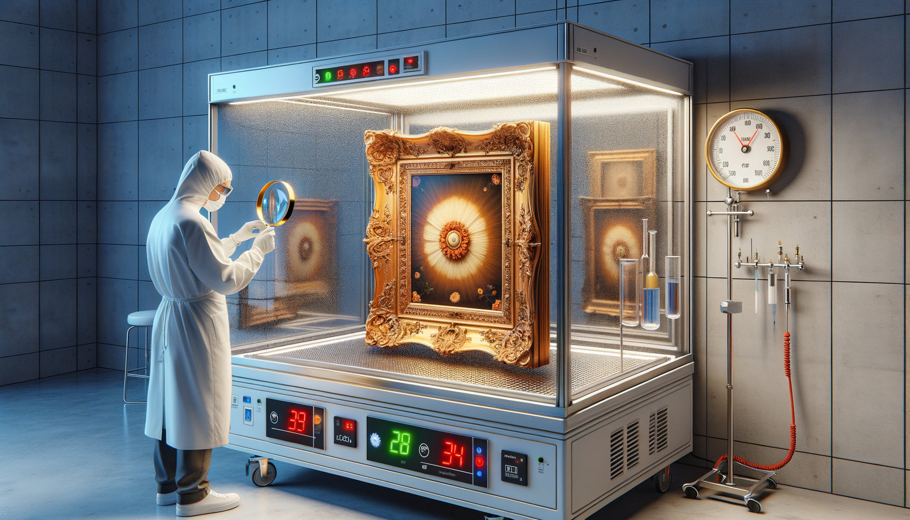 Test professionnel de résistance à l'humidité d'un tableau de luxe en laboratoire de conservation d'art contemporain