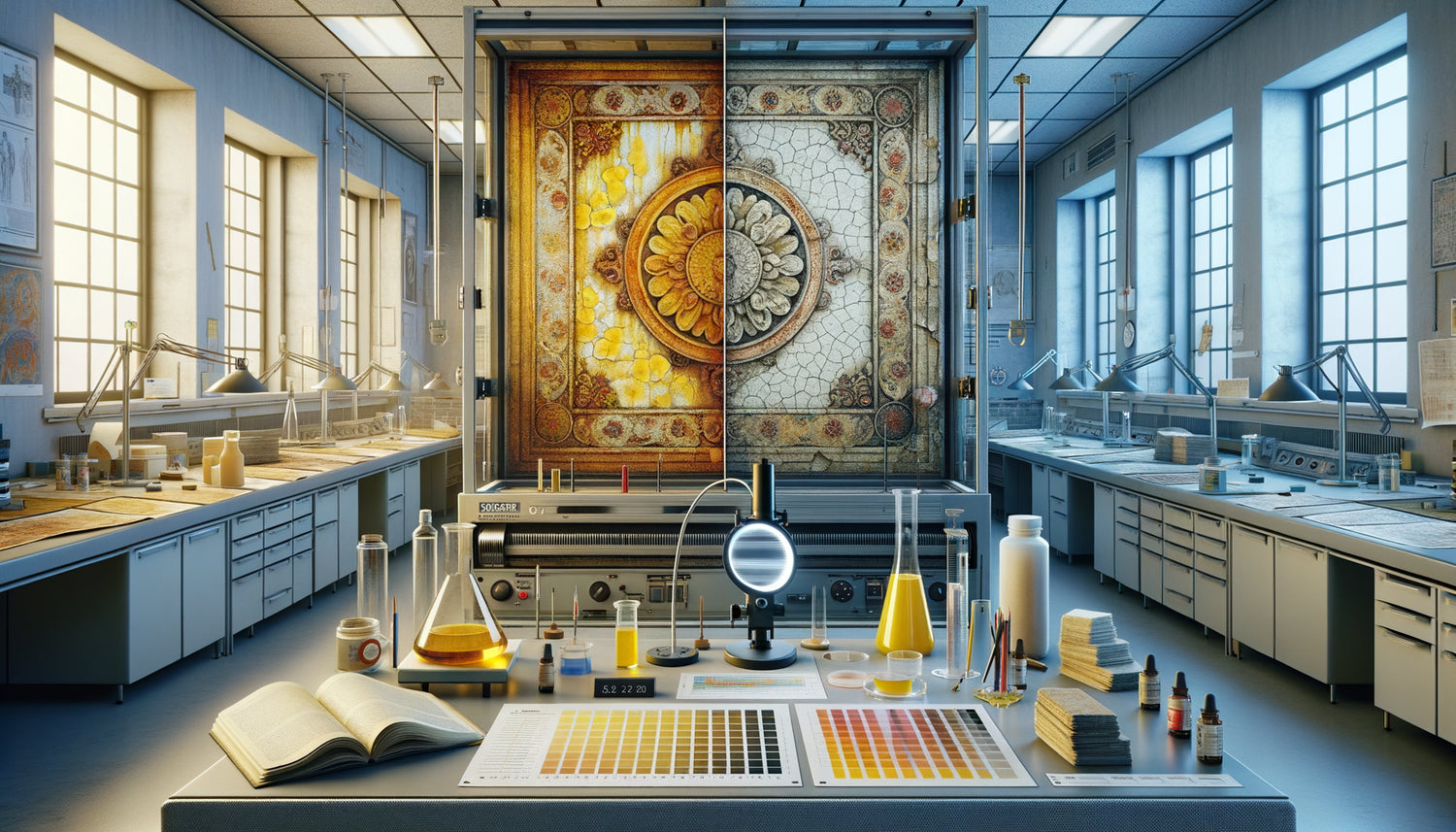 Comparaison scientifique de vernis pour décor mural : échantillon jauni par UV versus échantillon intact, laboratoire de restauration