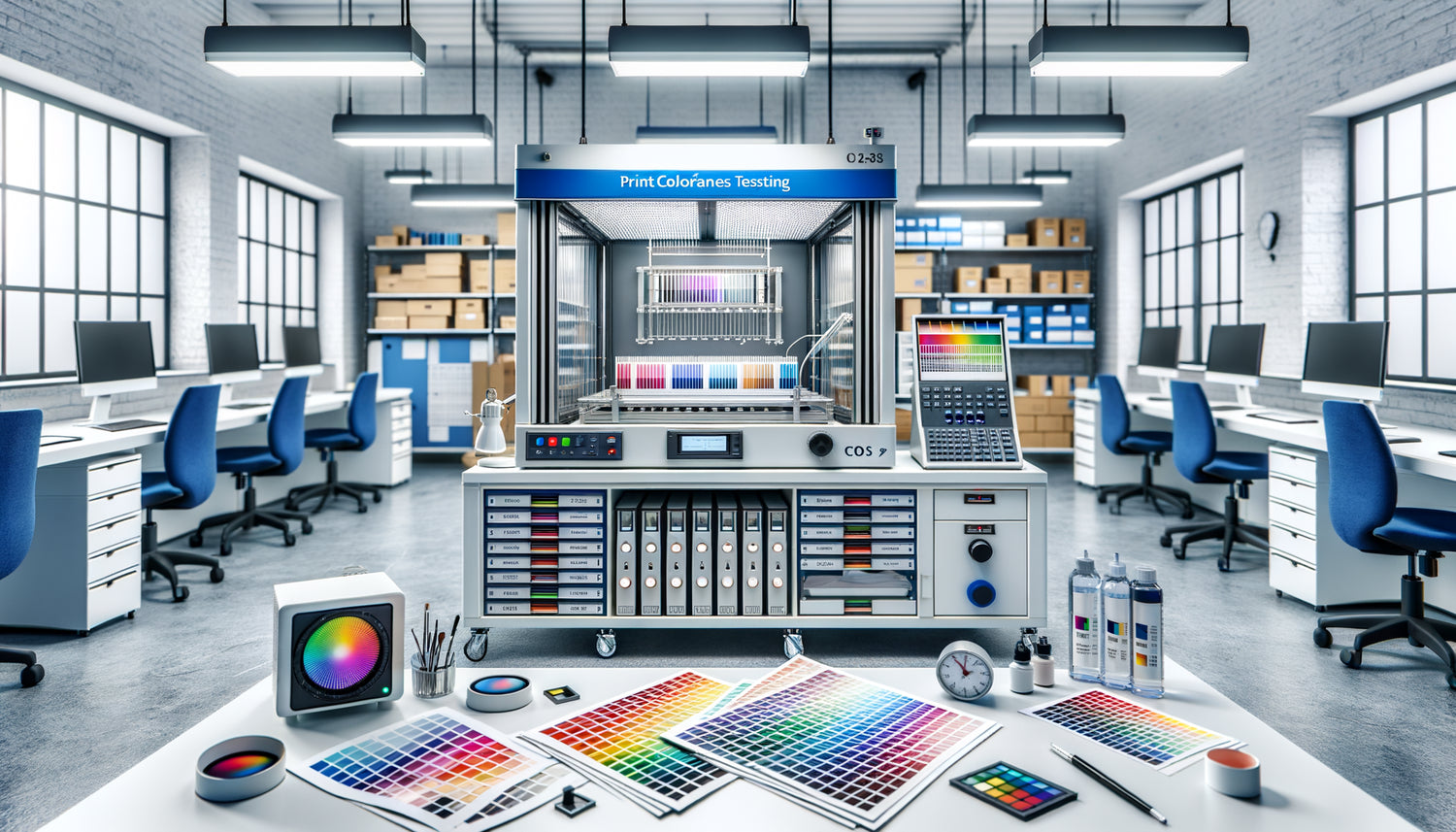 Chambre de test professionnelle de résistance à la lumière artificielle avec échantillons d'impression et équipement colorimétrique de laboratoire