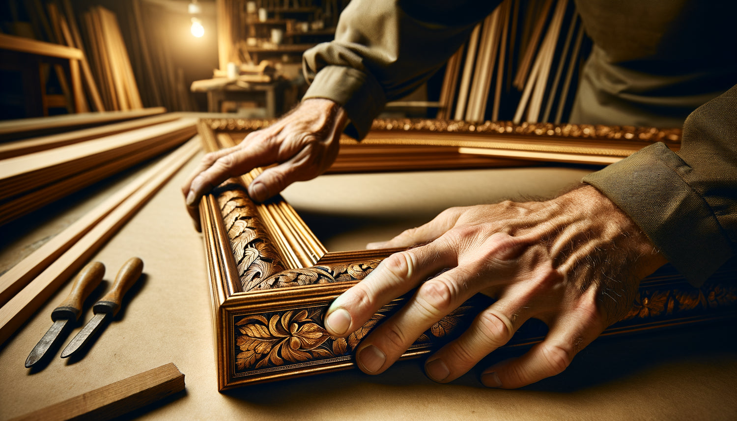 Mains d'artisan testant la solidité d'un angle de cadre doré ancien, contrôle qualité de l'encadrement