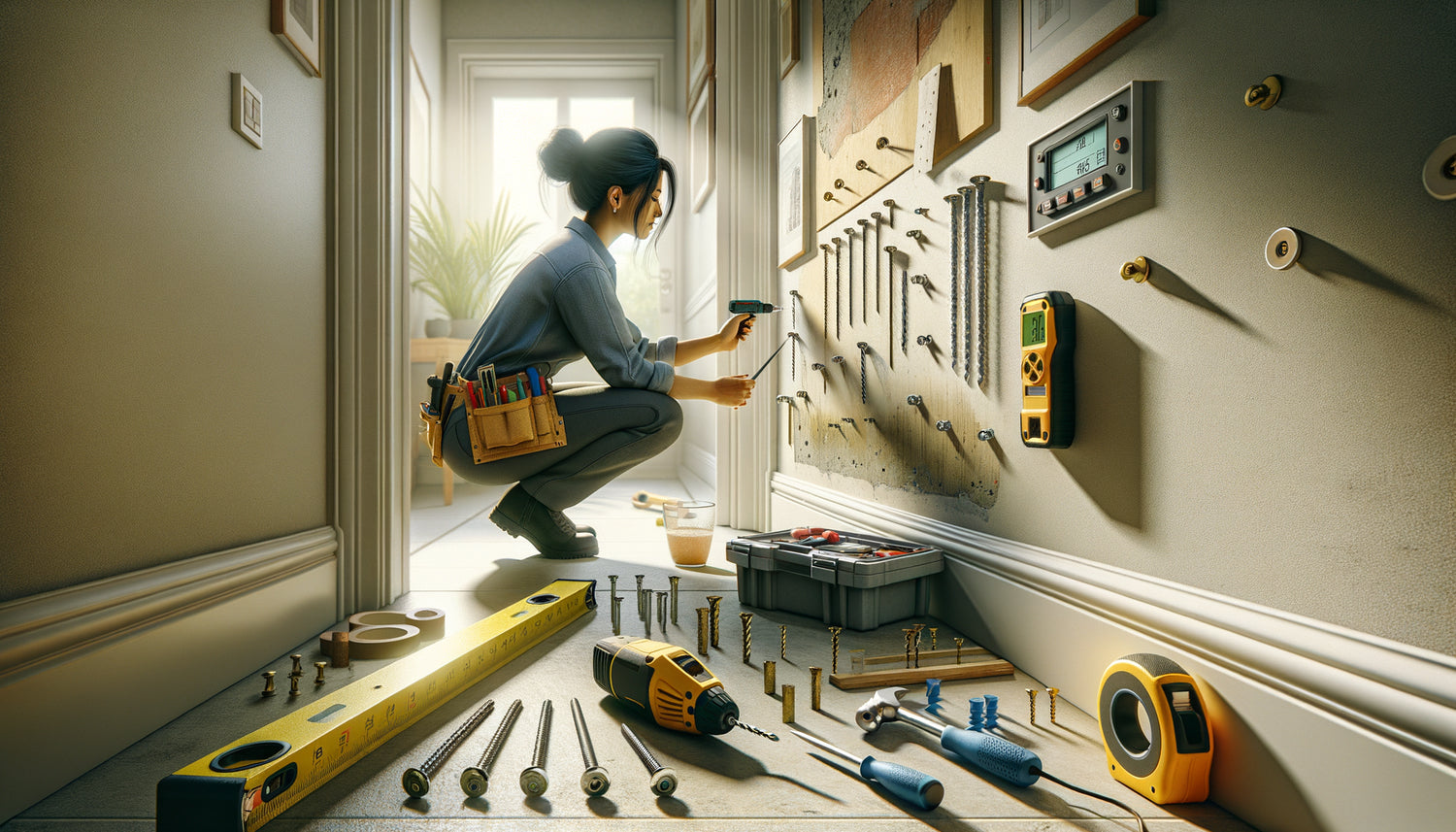 Expert testant la solidité des fixations murales dans un couloir avec outils professionnels et différentes chevilles