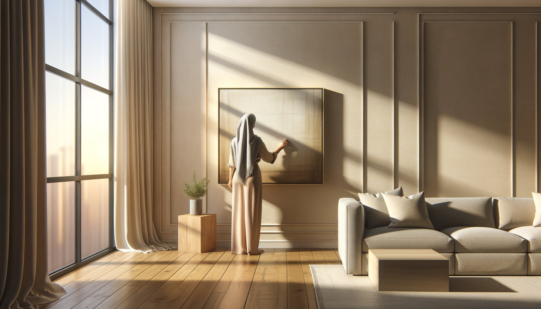 Femme testant l'emplacement d'un tableau abstrait contre le mur de son salon contemporain avec lumière naturelle