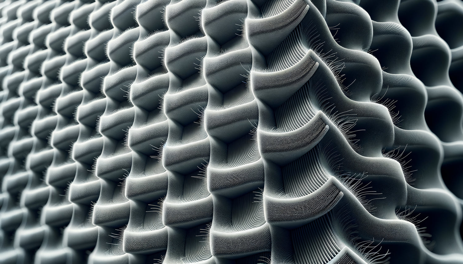 Macro photographique d'un textile acoustique imprimé haute densité montrant la structure des fibres et la qualité d'impression