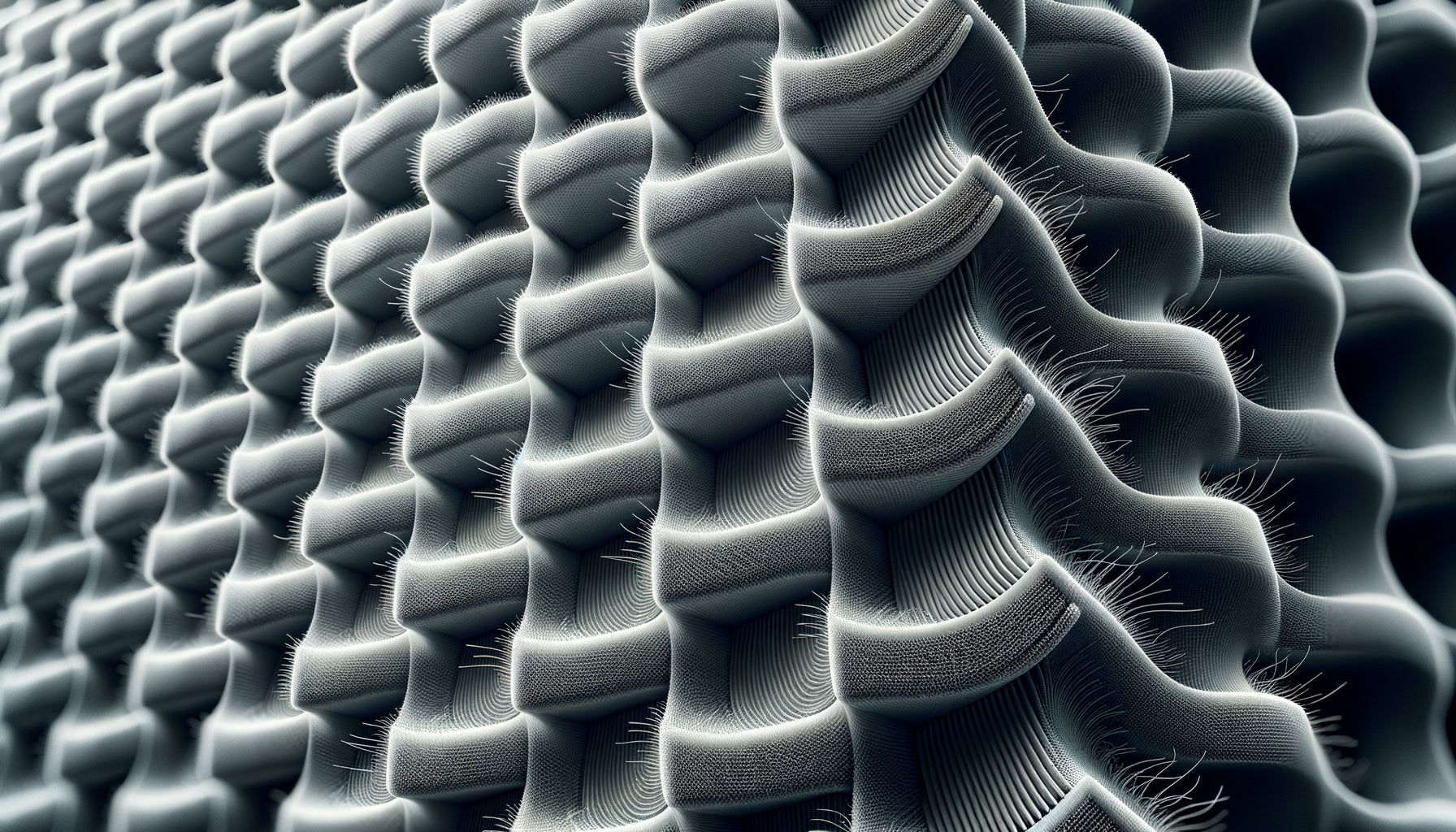 Macro photographique d'un textile acoustique imprimé haute densité montrant la structure des fibres et la qualité d'impression