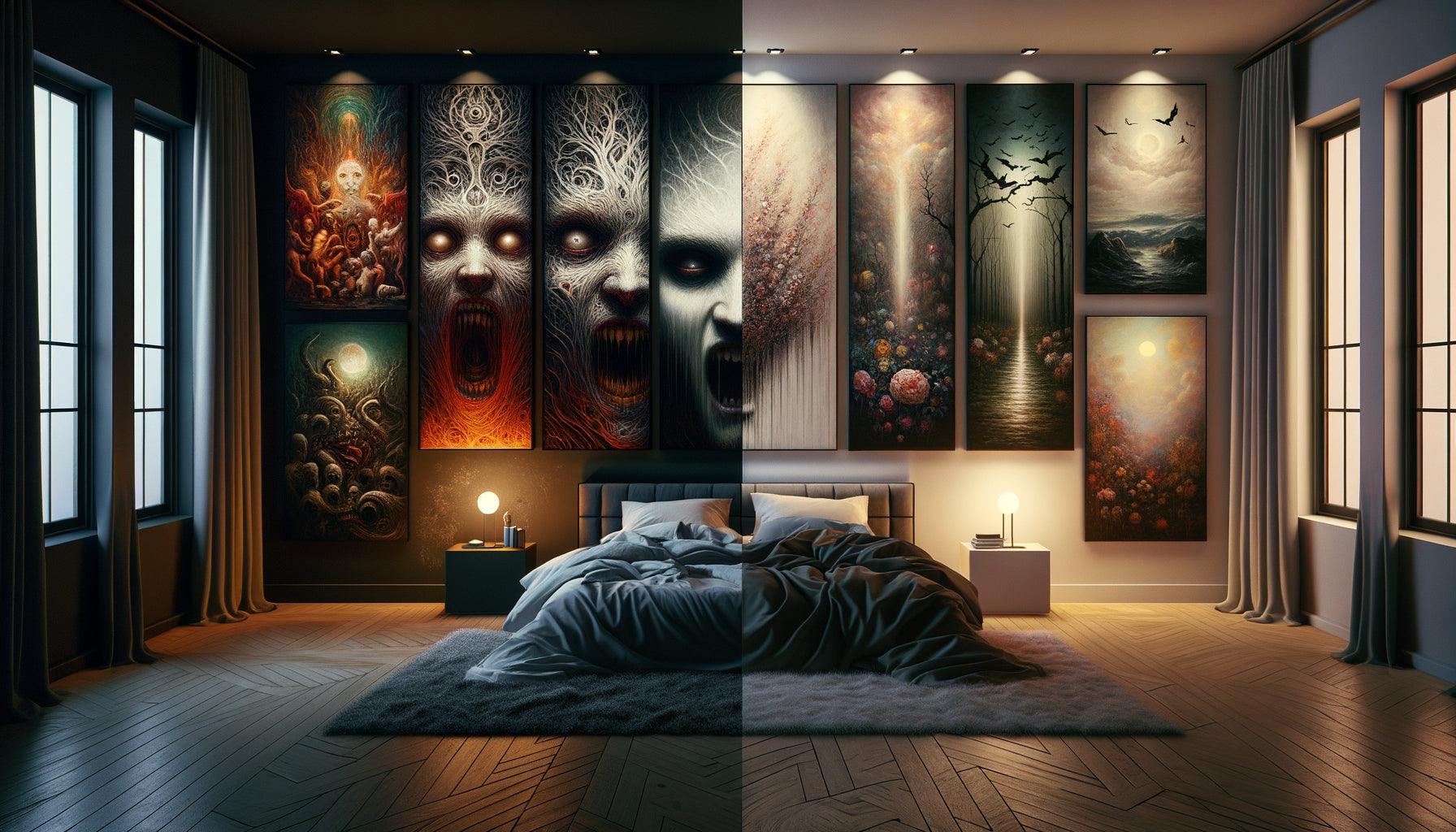 Chambre avec contraste entre œuvres perturbantes sombres et œuvres apaisantes pour illustrer l'impact sur le sommeil