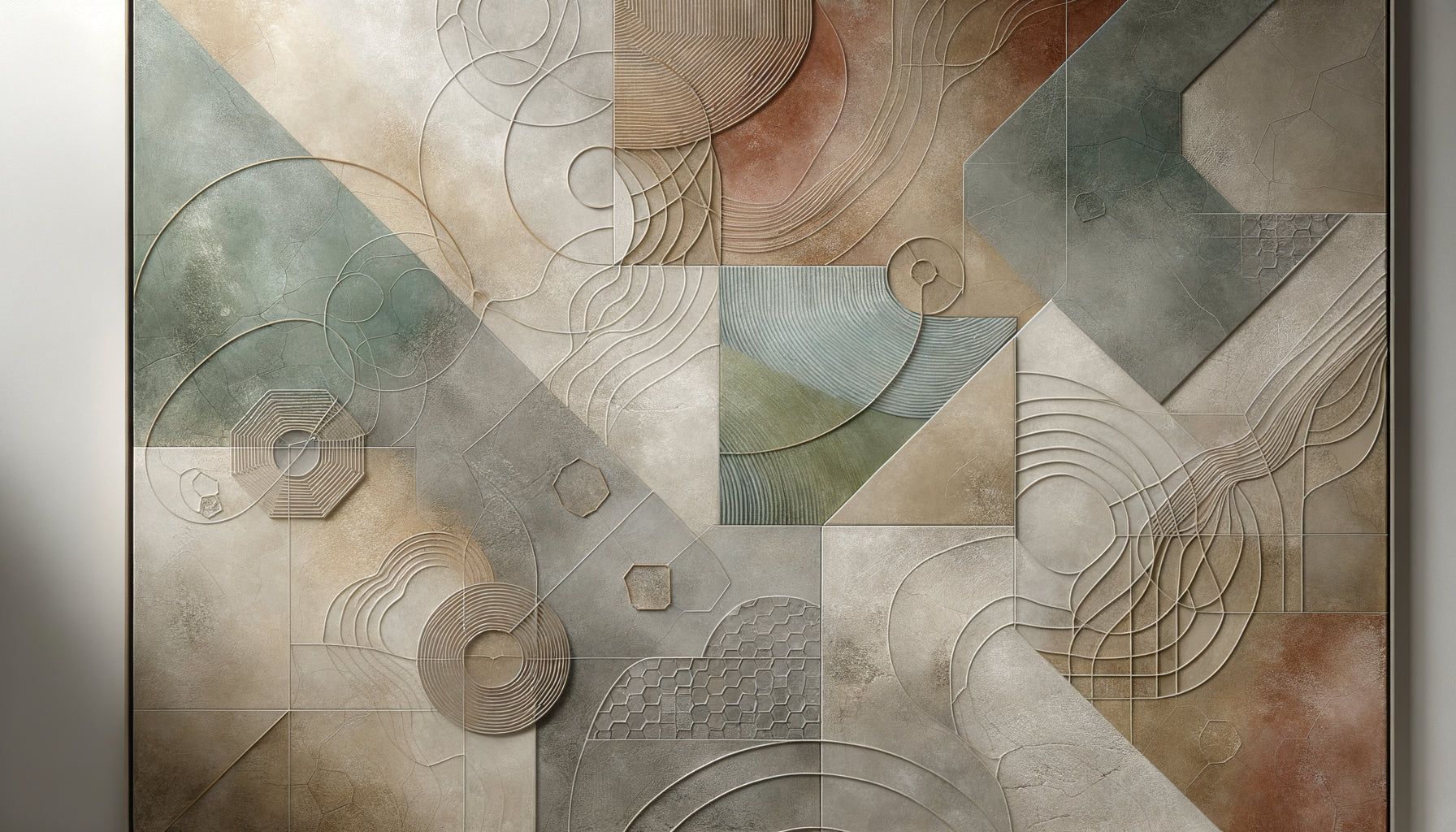 Œuvre abstraite contemporaine aux tons naturels apaisants, mêlant minéral, botanique scientifique et géométrie organique sophistiquée