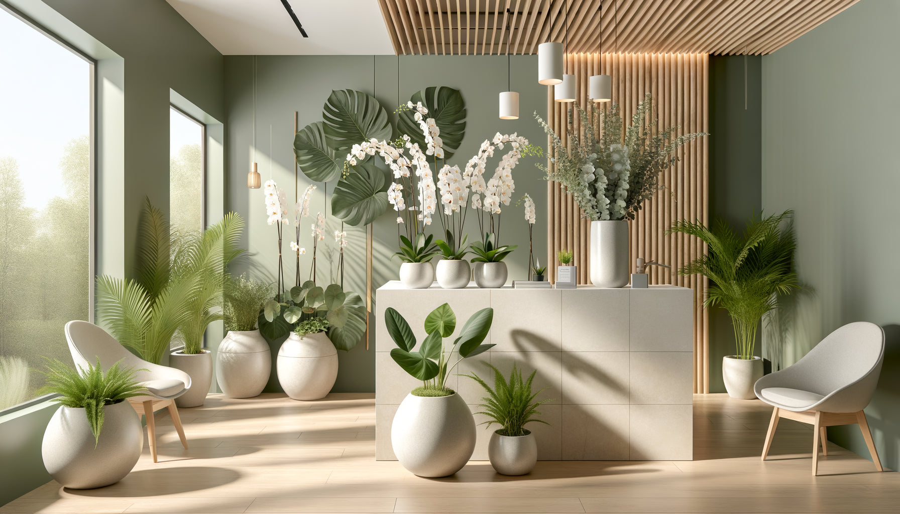 Salle d'attente dermatologique moderne apaisante avec eucalyptus, fougères, fleurs blanches et éléments zen japonais