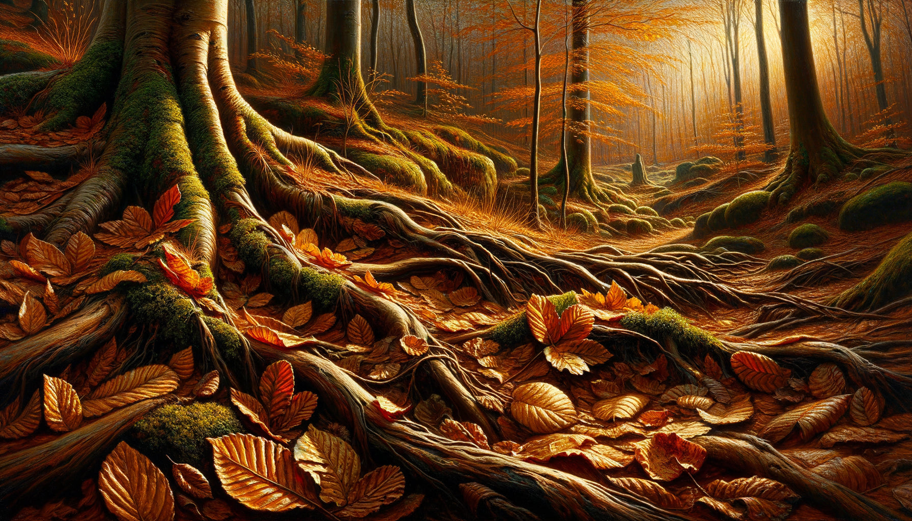 Peinture détaillée à l'huile style Théodore Rousseau montrant textures du sol forestier automnal, technique Barbizon 19ème siècle