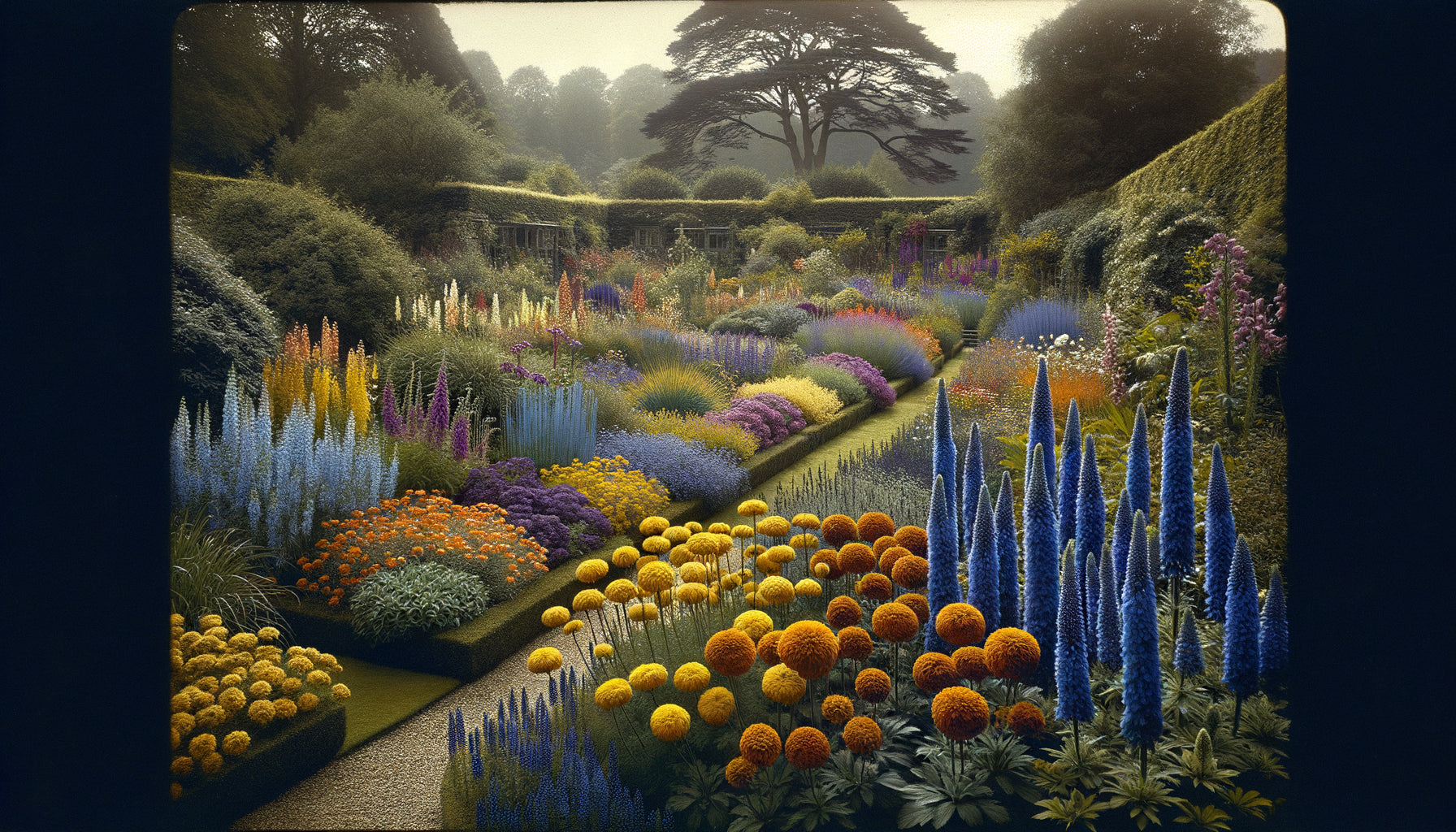Jardin anglais édouardien illustrant la théorie des couleurs de Chevreul avec contrastes chromatiques harmonieux entre massifs floraux