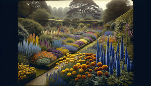Jardin anglais édouardien illustrant la théorie des couleurs de Chevreul avec contrastes chromatiques harmonieux entre massifs floraux