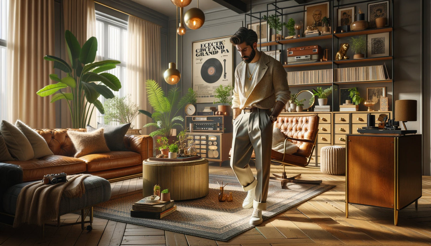 Intérieur moderne inspiré du style 'Eclectic Grandpa' avec un jeune homme de la Gen Z dans un appartement chaleureux aux accents vintage masculins, meubles en bois, fauteuil en cuir et plantes vertes, photographié dans une ambiance TikTok tendance 2025