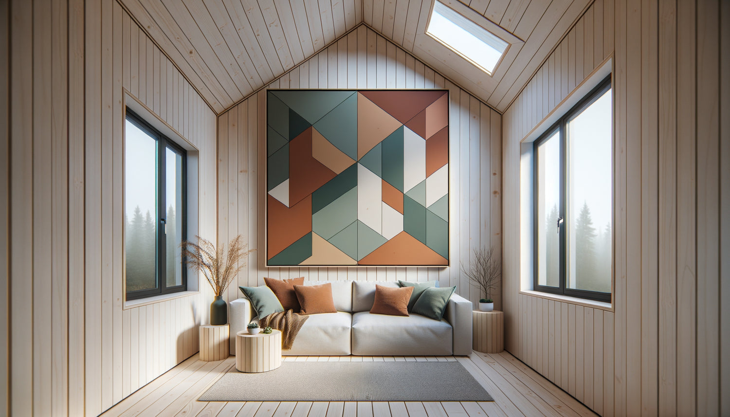 Intérieur de tiny house moderne avec un seul grand tableau abstrait au-dessus du canapé créant un point focal stratégique