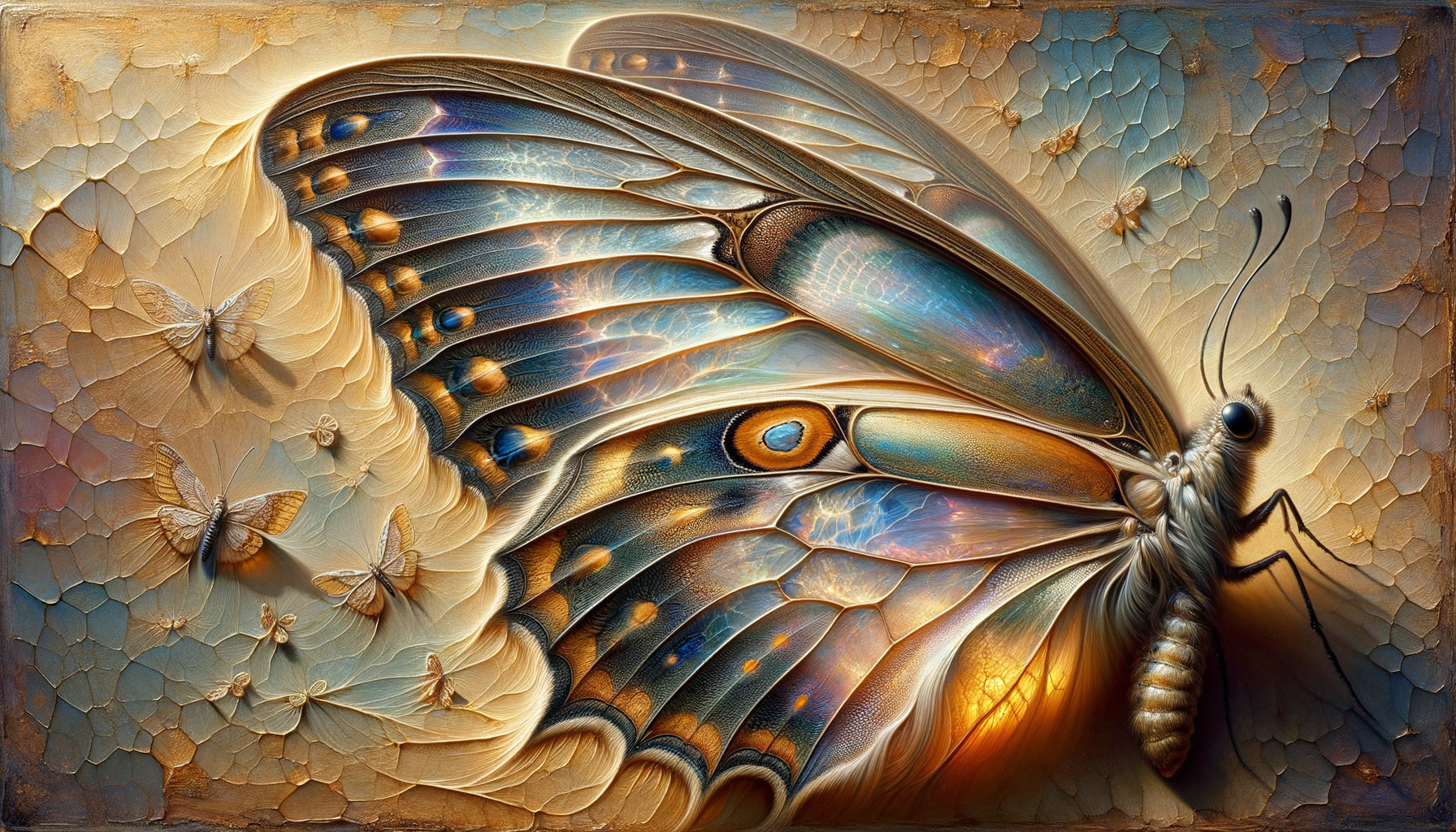 Détail d'aile de papillon peinte avec la technique de glacis stratifié de Titien, Renaissance vénitienne 16ème siècle