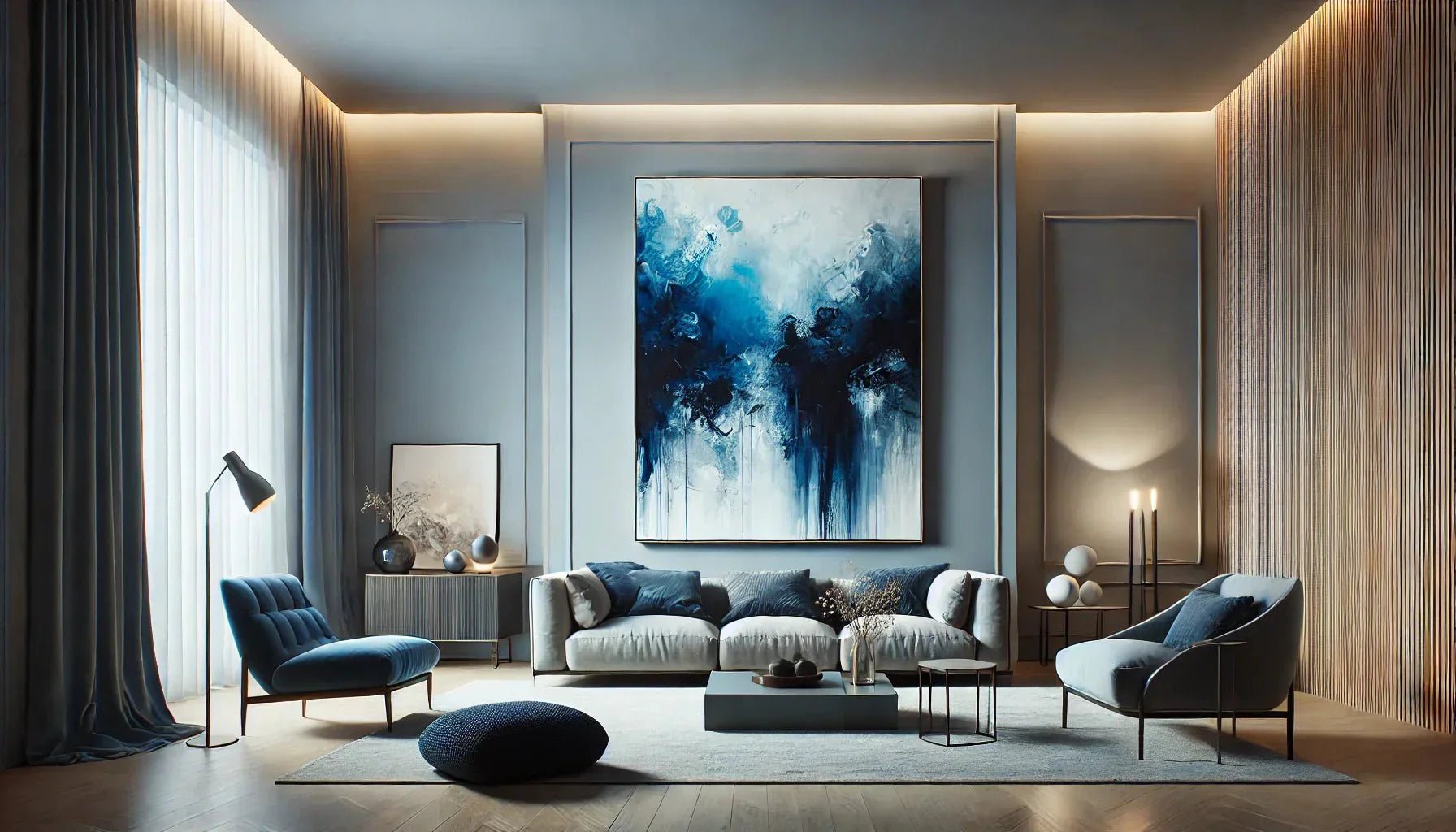 Toile abstraite bleue moderne accrochée dans un salon minimaliste, mettant en valeur des nuances de bleu profond et une texture dynamique pour une décoration murale élégante.